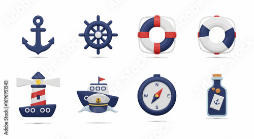 Nautical adventure icons: anchor, wheel, lifebuoy, lighthouse, ship, compass, message bottle