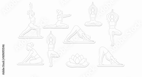 Set of minimalist white outline icons showing women in various yoga asanas and a lotus flower. Vector illustration collection for wellness and fitness
