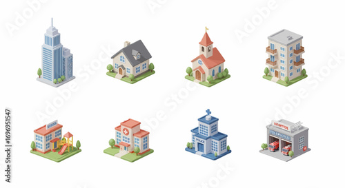 Charming isometric buildings collection showcasing city landmarks like school, hospital, and fire station