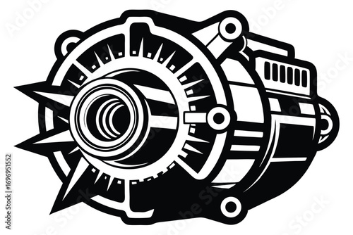 Abstract Black and White Graphic of Circular Industrial Mechanical Design With Angular Elements