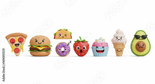 Whimsical food characters with funny faces, perfect for playful designs and engaging content creation