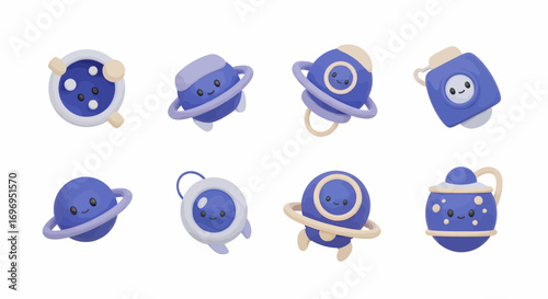 Whimsical cartoon planets and spaceships with happy faces, perfect for children's themes