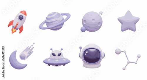 Whimsical 3D space icons including rocket, planets, alien, astronaut, and stars for playful designs