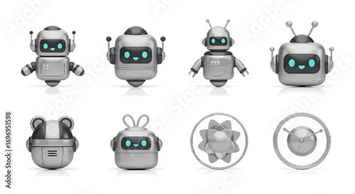 Charming collection of cute, modern robots and futuristic icons for technology and AI concepts