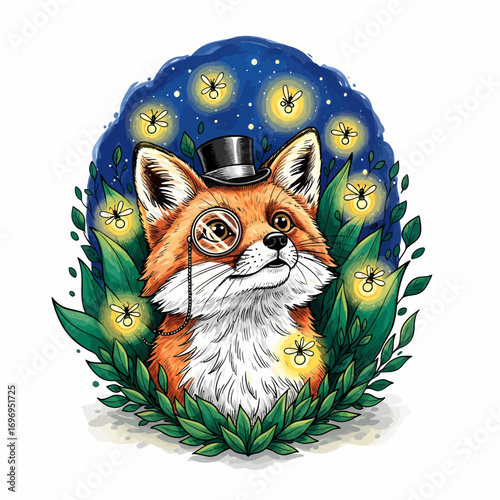 Dapper fox with monocle and top hat gazes at magical fireflies in enchanted forest night