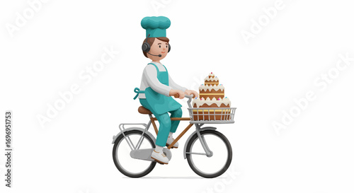 Smiling Baker on Bicycle Delivering Cakes