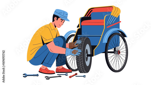 Rickshaw Repair: A skilled artisan diligently works on the wheel of a vibrant rickshaw, expertly repairing it with meticulous precision. capturing a moment of dedication.