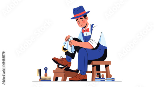 Artisan Shoe Shine: A skilled artisan, seated on a small stool, meticulously cleans a shoe with a cloth. The scene captures the dedication and expertise of a shoe shiner at work.