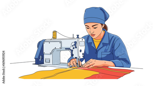 Seamstress at Work: A focused seamstress meticulously operates a sewing machine, skillfully stitching fabric. Evoking a sense of industry and craftsmanship.