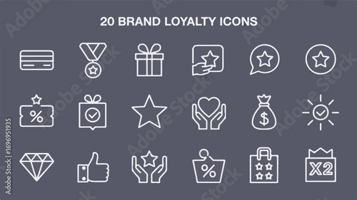 A collection of minimalist line art icons representing brand loyalty rewards and benefits vector