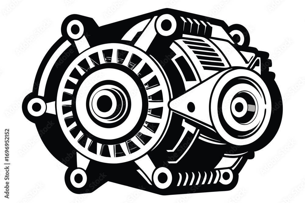 Fototapeta premium Stylized Black and White Illustration of a Mechanical Device with Wheel and Intricate Details