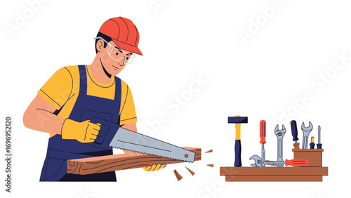 Carpentry at Work: A skilled carpenter is engrossed in sawing wood, embodying precision and dedication in their craft while surrounded by essential tools