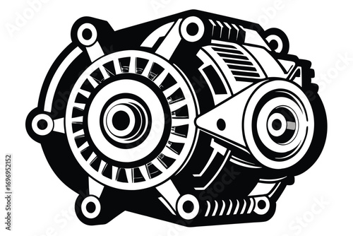 Stylized Black and White Illustration of a Mechanical Device with Wheel and Intricate Details