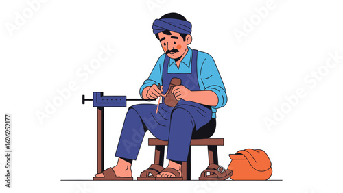 Craftsmanship at Work: A dedicated artisan meticulously working on a leather good in a detailed illustration, showcasing the art of traditional craft with focus and skill.