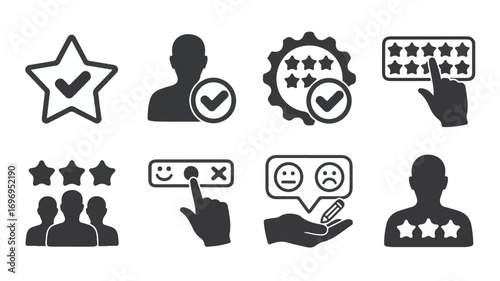 Black and white icons representing user feedback and ratings star rating user profile