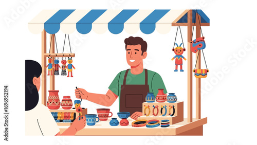 Artisan stall and customer: Capturing the essence of a traditional market scene, an artisan proudly presents their crafts to a customer, showcasing the beauty of handmade creations.