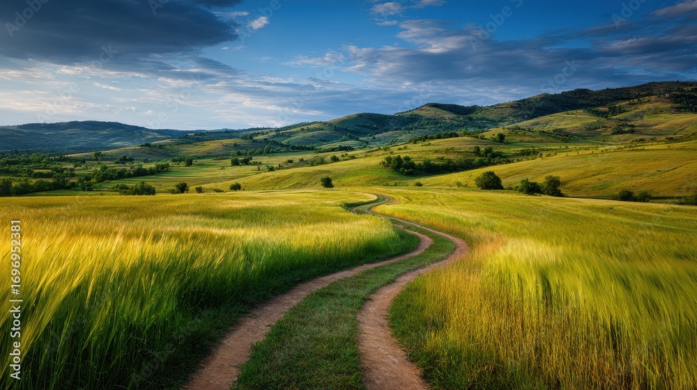 Fototapeta premium Scenic Winding Trail Through Lush Green Hills Under Blue Sky at Sunrise