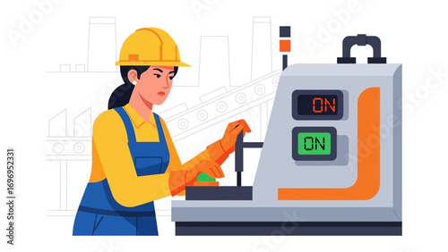 Industrial Worker with Machine: A focused female industrial worker operates complex machinery in a manufacturing environment, highlighting precision and technological prowess.