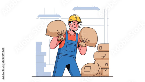 Worker lifting sacks in warehouse: A diligent worker strained as he lift up two heavy sacks in a warehouse setting, a testament to his labor. Capturing the grit of manual work.