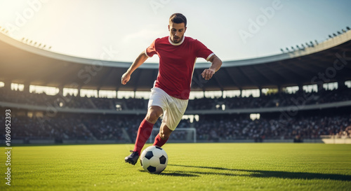 Soccer player kicks ball in stadium on sunny day. Soccer player shows great skill, dribbling with confidence and determination on field. See soccer player in action for sports advertising,