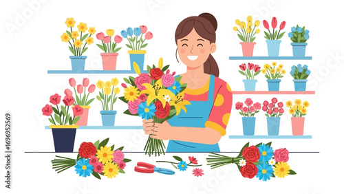 Blooming Moments: A florist, her heart full of joy, assembles a vibrant bouquet, surrounded by an array of blossoms that bring the essence of nature inside.