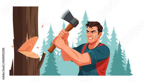 Lumberjack Chopping Tree: A determined lumberjack swings an ax with precision, felling a towering tree in a serene forest scene.