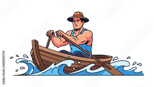 A lone rower on a sea: a skilled individual navigates a wooden boat across the tranquil expanse of water, with a striking illustration style. 