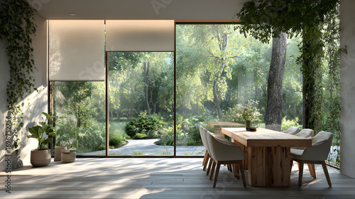 Wallpaper Mural Window treatments. Modern Dining Room with Large Winows and Minimalist Roller hades Overlooking a Green arden - Image made using Gnerative AI Torontodigital.ca