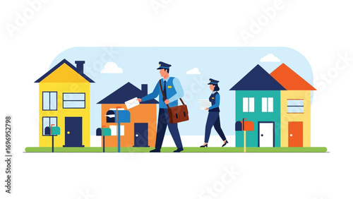 Postal Service in Neighborhood: A postal worker delivers mail in a residential neighborhood, accompanied by an uniformed colleague, bringing essential services.
