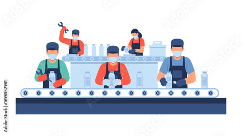 Production Line: A team of dedicated workers, clad in protective gear, meticulously manage products on a conveyor belt within a modern factory, epitomizing efficiency and industrial precision.