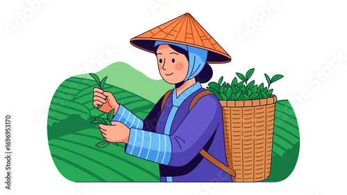 Tea Harvester in the Field: A woman, gracefully clad in traditional garments and a conical hat, delicately harvests tea leaves in a vibrant tea field, representing the culture and tradition.