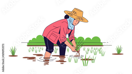 Cultivating Fields: An illustrated woman farmer toiling in the rice paddy, embodying the essence of agricultural labor and sustenance.