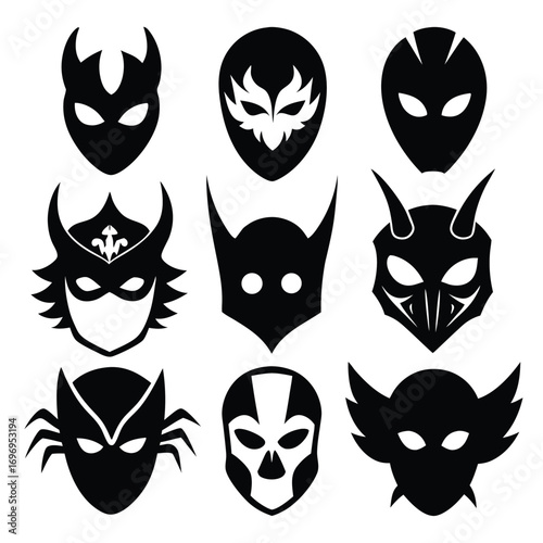 Nine Black Superhero Masks and Villain Masks with Unique Designs and Expressions Illustrations