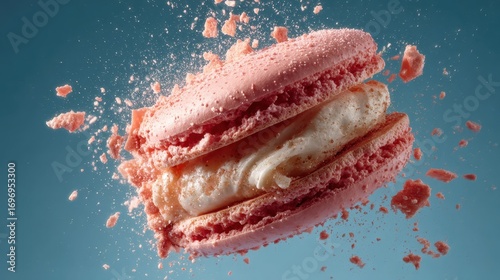 Pink Macaron Exploding with Crumbs on Blue Background.