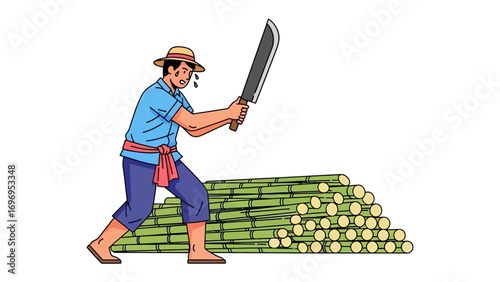 Sugarcane Harvest: A hardworking figure wielding a machete diligently slices through stacks of freshly cut sugarcane in a vibrant, illustrative portrayal of agricultural labor.