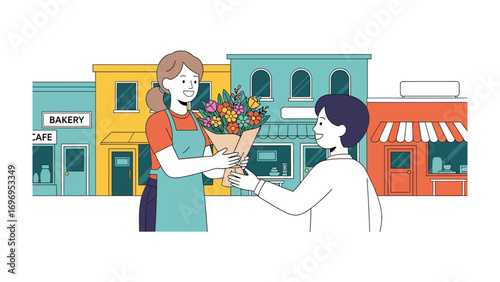 Floral Greetings: A florist hands a vibrant bouquet to a smiling customer, set against a backdrop of charming shops, celebrating a moment of joy and the beauty of flowers.
