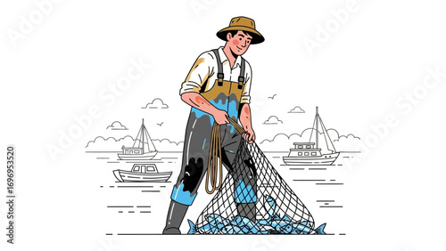 Fishing at Sea: A stylized illustration captures a fisherman at work, surrounded by the sea and boats. Pulling up net with his fresh catch.
