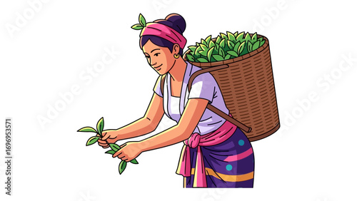 Tea Picker at Work: A serene depiction of a tea picker gathering leaves, showcasing the harmony between nature and traditional labor, highlighting agricultural practices.