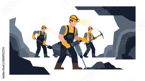 Deep in the Earth: An illustration of determined workers toiling in a dark mine, their headlamps cutting through shadows to extract precious resources.