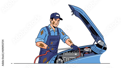 Mechanical Endeavor: A dedicated mechanic, covered in grime and immersed in his craft, diligently inspects the engine of a vehicle, epitomizing precision and expertise.