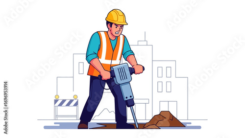 Construction Worker: A construction worker in a safety helmet, vest, and work clothes operates a jackhammer on a construction site. Capturing the essence of construction and labor
