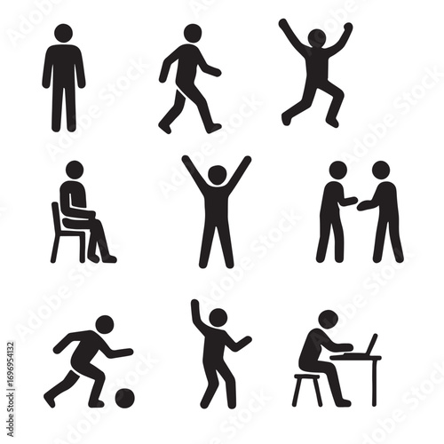 Nine black human figure icons showing various activities