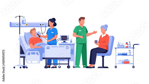Hospital Scene Illustration: This graphic illustration encapsulates the essence of compassionate healthcare, featuring healthcare professionals tending to patients in a hospital setting.