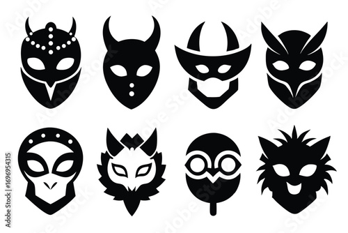Collection of Eight Different Fantasy Inspired Mask Designs in Black Silhouette Style