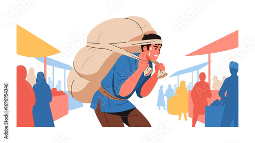 Hard Labor in the Marketplace: A determined individual bears a heavy sack on his back while navigating a bustling marketplace, showcasing the raw essence of hard work and perseverance.
