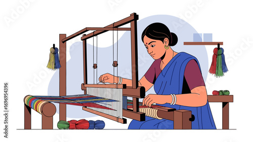 Weaving Tradition: A woman skillfully works on a traditional loom, crafting intricate textile, showcasing heritage and skill.
