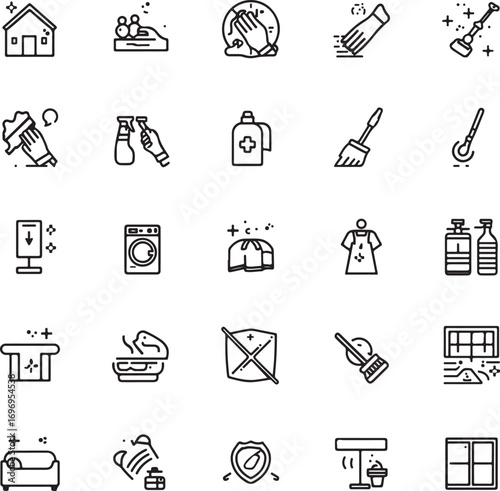 leaning Icon Set cleaning, hygiene, mop, spray bottle, detergent, housekeeping, sanitation, gloves, disinfect, home care.