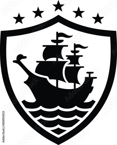 Black silhouette emblem featuring a tall ship sailing on waves with stars above