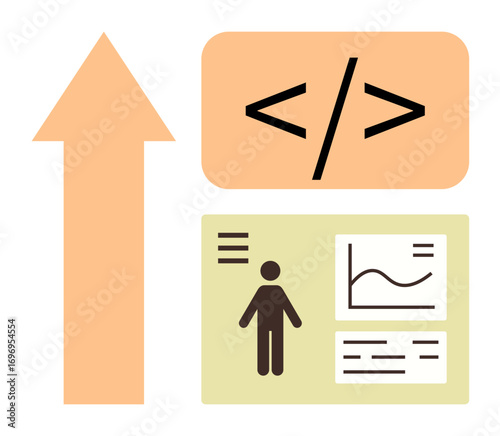 Upward arrow, coding tags, and data visualization elements depict technology, coding education, improvement. Ideal for programming, education, analytics, tech growth career progress learning
