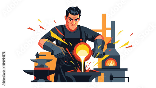 Forging the Future: A skilled blacksmith meticulously pours molten metal, showcasing his mastery of craftsmanship and the transformative power of heat. 
